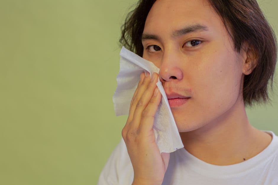 A man touching his face in a bathroom
