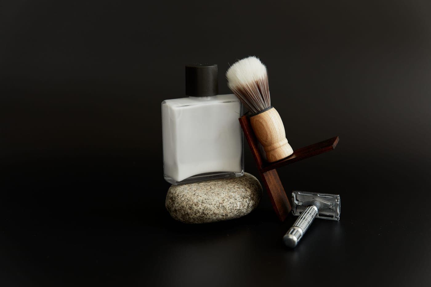 Men's grooming products arranged on a counter